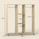 Armadio Guardaroba a Rotelle 120x40x128 cm con 2 Barre e 3 Ripiani Aperti in Legno e Alluminio Color Legno      