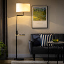 Lampada da Terra con Mensola Integrata in Bambù Paralume in Tessuto Effetto Lino Base in Acciaio Nero e Beige      