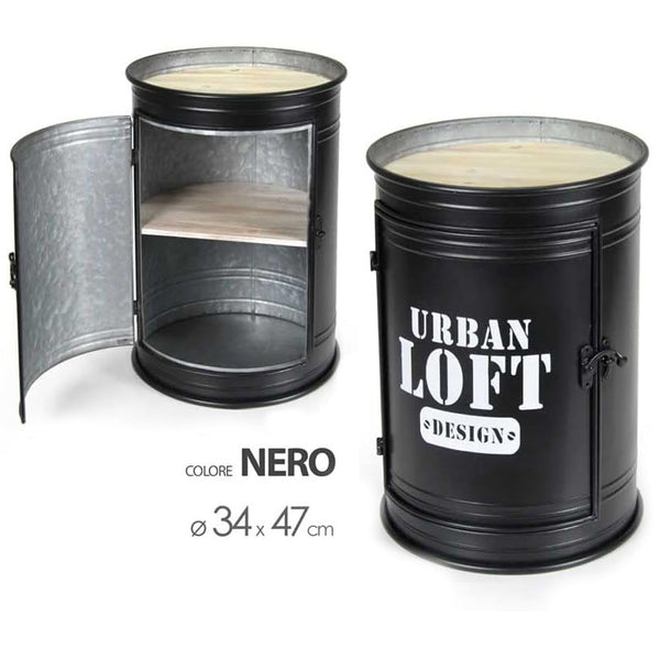 prezzo Tavolino Contenitore Bidone Tondo Struttura in Metallo Nero e Ripiani in Legno