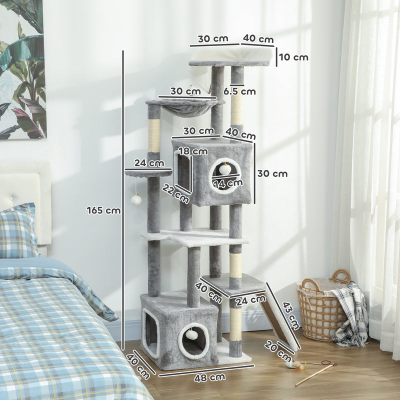 Albero Tiragraffi per Gatti 48x40x165 cm con 2 Casette Rampa Trespoli in Peluche e Sisal Grigio e Bianco      