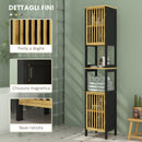 Mobiletto Bagno a Doghe con 2 Ripiani Aperti e 2 Armadietti 32x30x172 cm in MDF e Bambù Nero e Color Legno