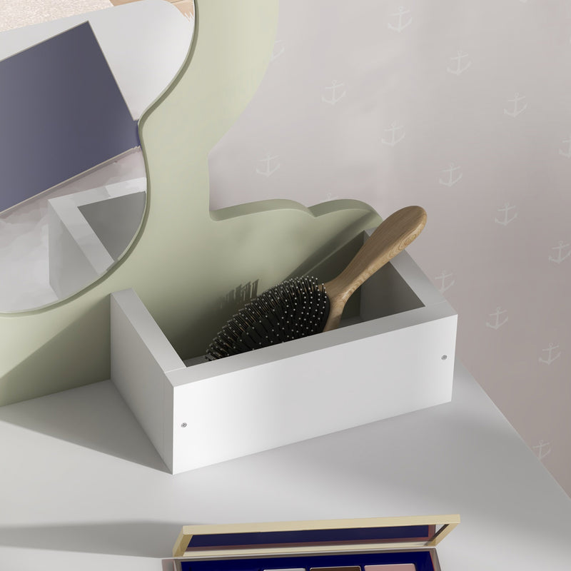 Set Toeletta per Bambina con Specchio Trucco in Acrilico e Sgabello Abbinato in MDF Bianco      