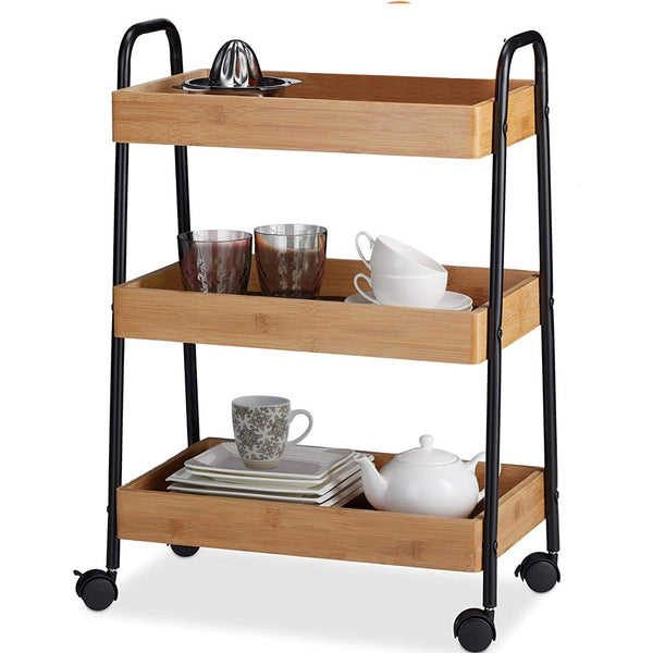 online Carrello Trolley Cucina in Metallo 3 Ripiani in legno 4 Ruote Salvaspazio Nero