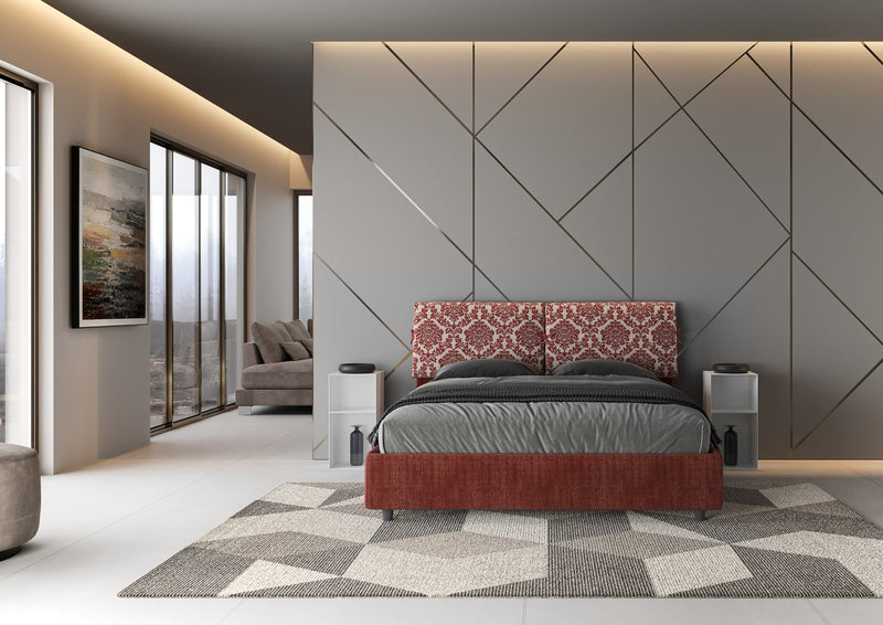 Letto Matrimoniale con Testata e Alzata Comoda Imbottito in Tessuto Agata Mados Bordeaux Varie Misure