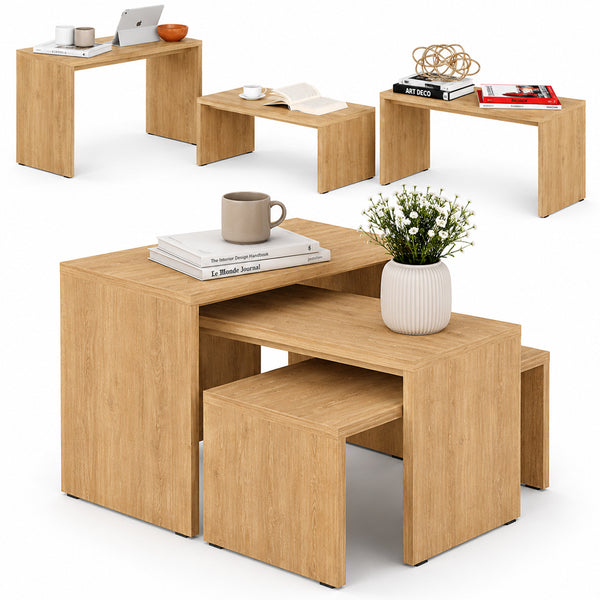Set 3 Pezzi Tavolini Caffe Rettangolare a Incastro in Legno MDF Quercia sconto