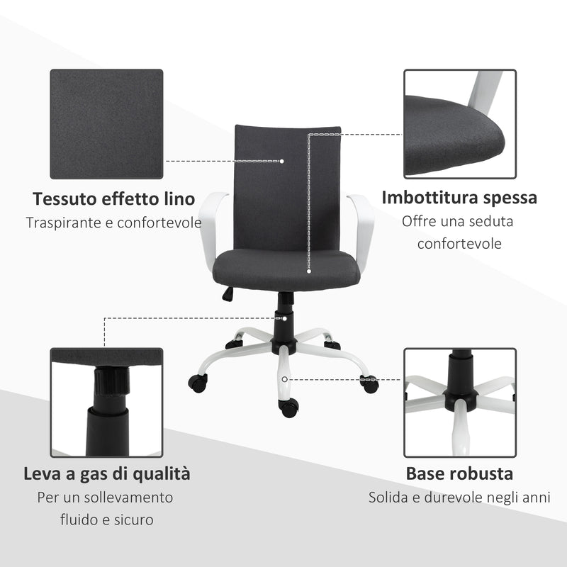 Sedia da Ufficio Ergonomica Girevole 61x61x89-99 cm in Poliestere Effetto Lino Grigio Scuro 