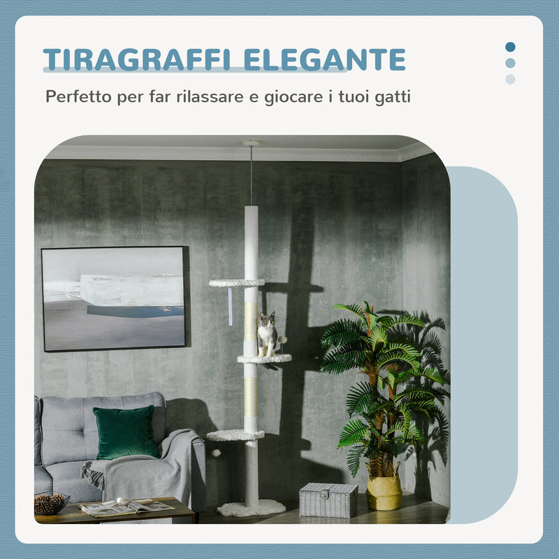 Albero Tiragraffi per Gatti a Soffitto 48x32x225-255 cm Pali con Corda in Cotone Bianco   