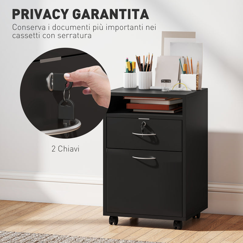 Cassettiera Portadocumenti a 4 Ruote 40x35x60 cm Cassetto con Serratura e Armadietto in Legno Nero  