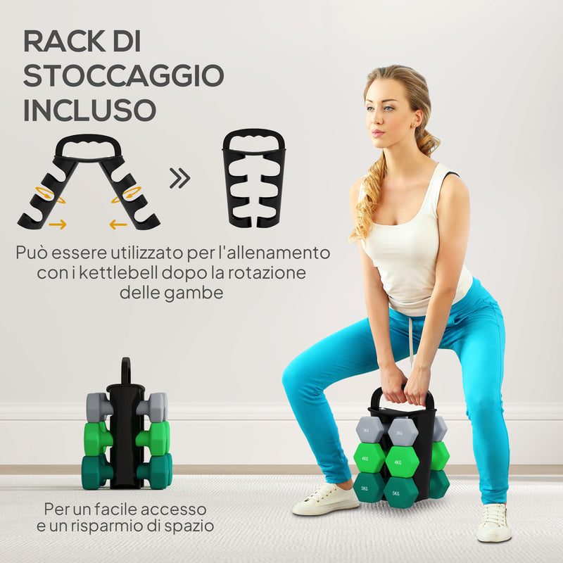 Set 6 Pesi Manubri con Supporto Coppie da 3-4-5 Kg in Metallo Verde e Nero   