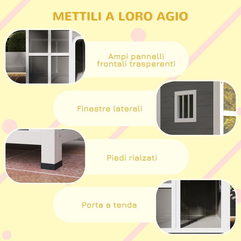 Cuccia per Cani di Taglia Piccola e Media 90x62x71 cm con Finestrelle e Ingresso a Tenda in Legno di Abete Grigio Chiaro  