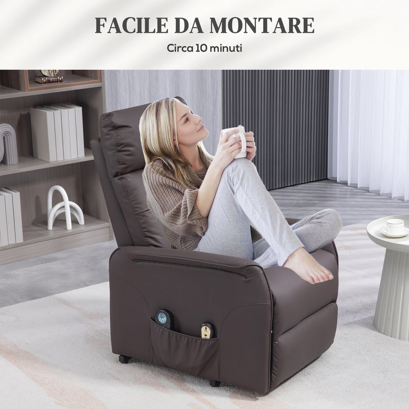 Poltrona Alzapersona Reclinabile 1 Motore con 8 Punti Massaggio 67x89x102 cm Riscaldamento e 2 Telecomandi Marrone