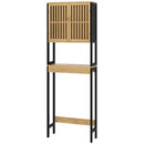 Mobile Sopra WC con Armadietto 2 Ante a Doghe e Ripiano Aperto 60x21,5x172 cm in Bambù e MDF Legno Naturale e Nero