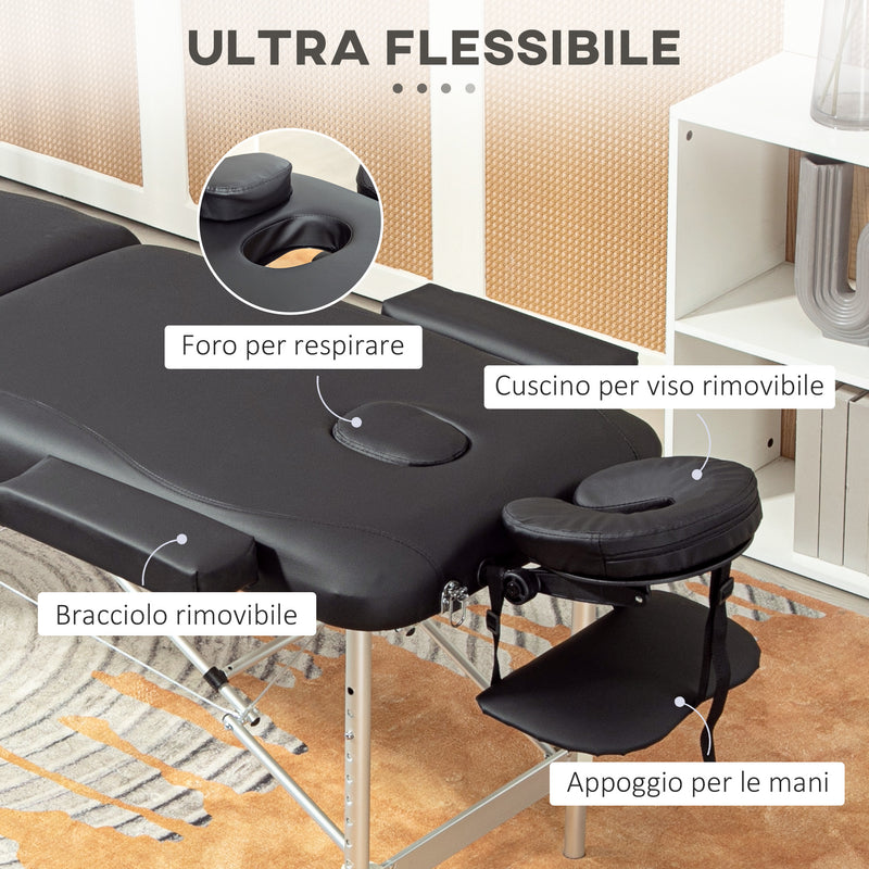 Lettino da Massaggio Fisioterapia Pieghevole Altezza Regolabile 215x60x61-84 cm Struttura in Alluminio Nero 