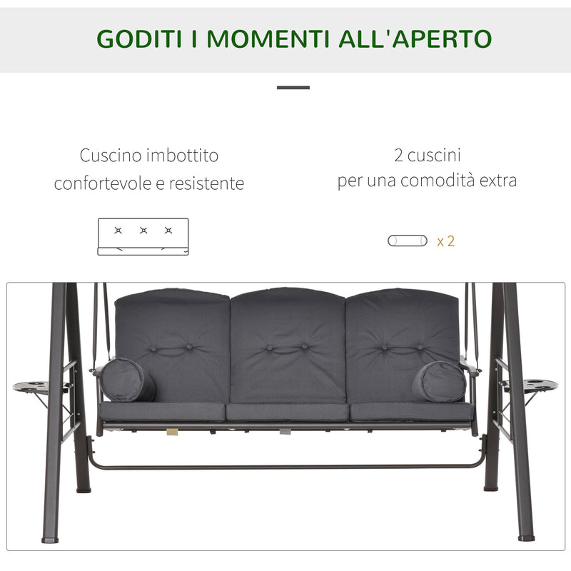 Dondolo da Giardino 3 Posti 208x120x172 cm Tetto Regolabile Portabicchieri e Cuscini Grigio 
