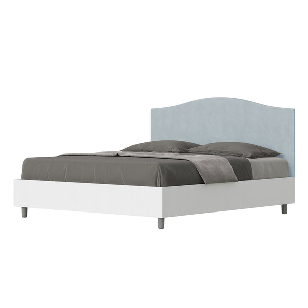 sconto Letto Matrimoniale con Rete e Contenitore Alzata Comoda Struttura Bianco Frassico e Testata in Microfibra Grace Azzurro Varie Misure