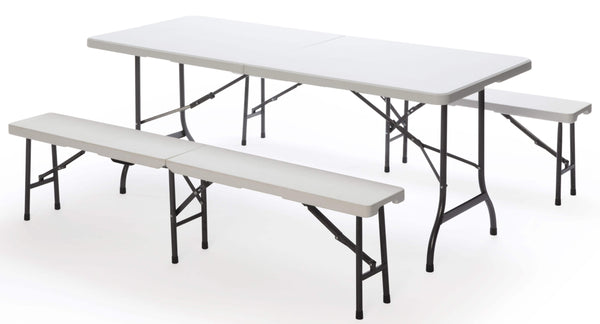 online Klappbares Gartenbierset aus Eisentisch 182x75 cm und 2 Bänken Taddei Plastik Weiß