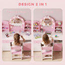 Set Toeletta Trucco Bambina 2 in 1 90x41x104 cm con Sgabello Specchio Luci a 2 Colori Cassetto e Ripiani in MDF Rosa      