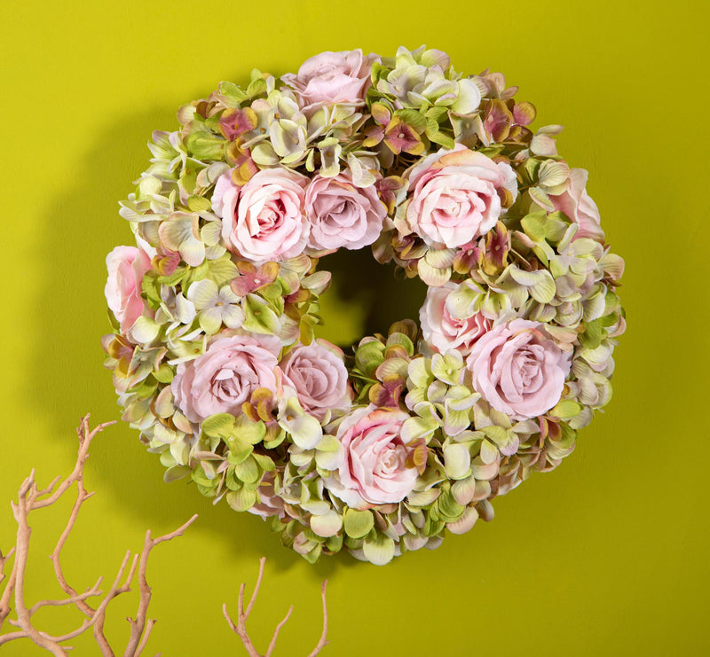 Corona Artificiale con Fiori di Rose e Ortensie 