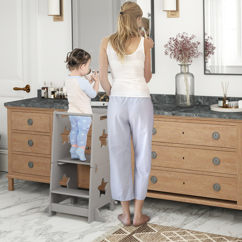 Scala Montessori Convertibile  60x44.5x86 cm in Set Tavolo e Sedie con Barra di Sicurezza in Legno Grigio      