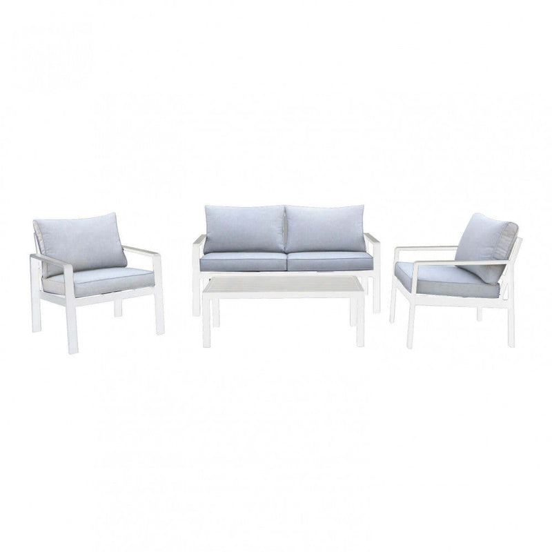 Set Salotto da Giardino Divano 2 Poltrone e Tavolino con Cuscini in Alluminio Bianco