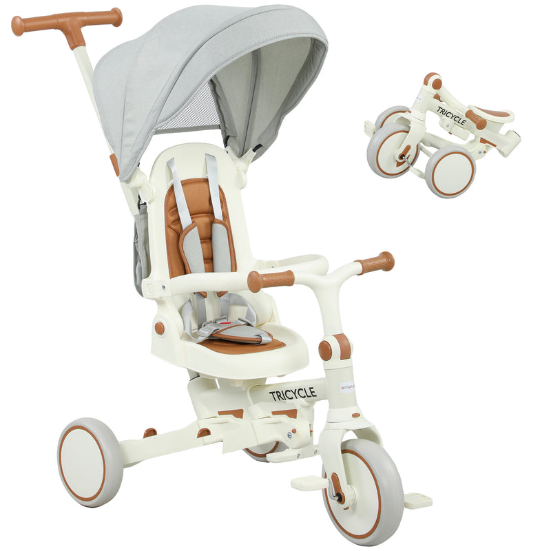 Triciclo per Bambini 5 in 1 96,5x49x101 cm con Maniglione e Cinture di Sicurezza Bianco Crema   