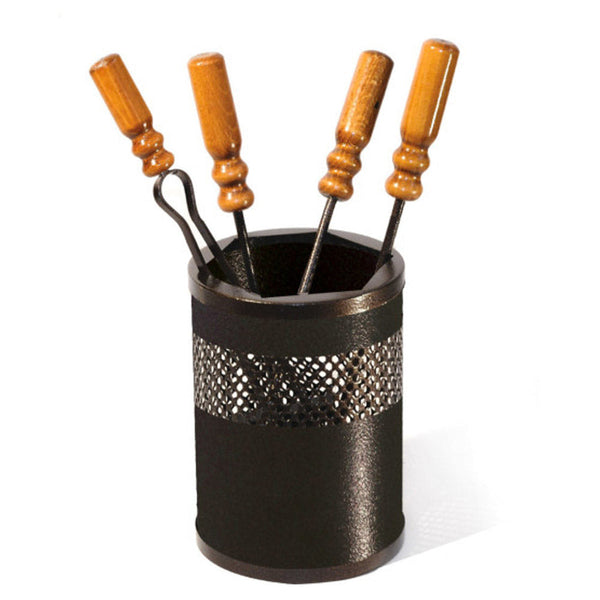 4-teiliges Kaminset aus Schmiedeeisen mit Holzgriffen und Korbbehälter acquista