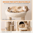 Tiragraffi per Gatti Multilivello 55x39x90 cm con 4 Pali in Sisal 2 Casette Cuccia e Pompon in Truciolare e Peluche Beige      