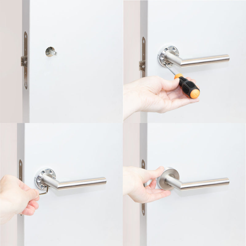 Maniglie per Porta da Interno con Rosetta Ø53 mm Modello L Acciaio Nickel Satinato. Emuca