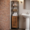 Mobile da Bagno a Colonna 37x30x167 cm Salvaspazio con Ante Soft Close a Persiana 3 Ripiani Aperti Struttura in Acciaio Marrone Rustico      