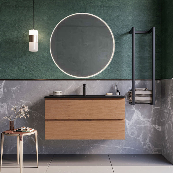 sconto Mobile bagno sospeso 100 cm Rovere Cartagena lavabo nero opaco Seattle Senza Specchio Bonussi