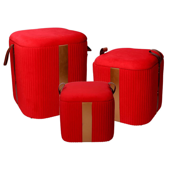Set 3 Pouf Contenitore in Tessuto Velluto Rosso acquista