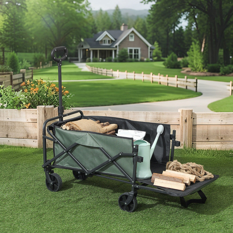 Carrello da Giardino 114x46x65-92 cm Capacità 72L Pieghevole con Pannello Apribile in Acciaio e Poliestere Verde 