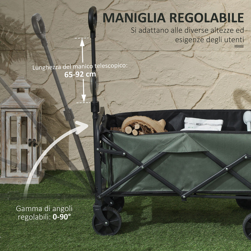 Carrello da Giardino 114x46x65-92 cm Capacità 72L Pieghevole con Pannello Apribile in Acciaio e Poliestere Verde 