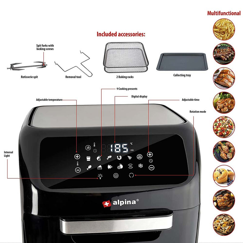 Friggitrice Ad Aria Calda 12Lt Aerofryer Digitale 1800W Frigge Cuoce Senza Olio Alpina