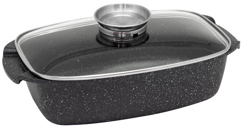 Rostiera 32x20 cm in Alluminio Pressofuso Antiaderente con Coperchio Collection Grigio Marmorizzato