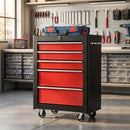 Carrello Porta Attrezzi 68x33x82,5 cm con 5 Cassetti Tappetini in EVA Serratura e 2 Chiavi 4 Ruote Girevoli in Acciaio Nero Rosso      