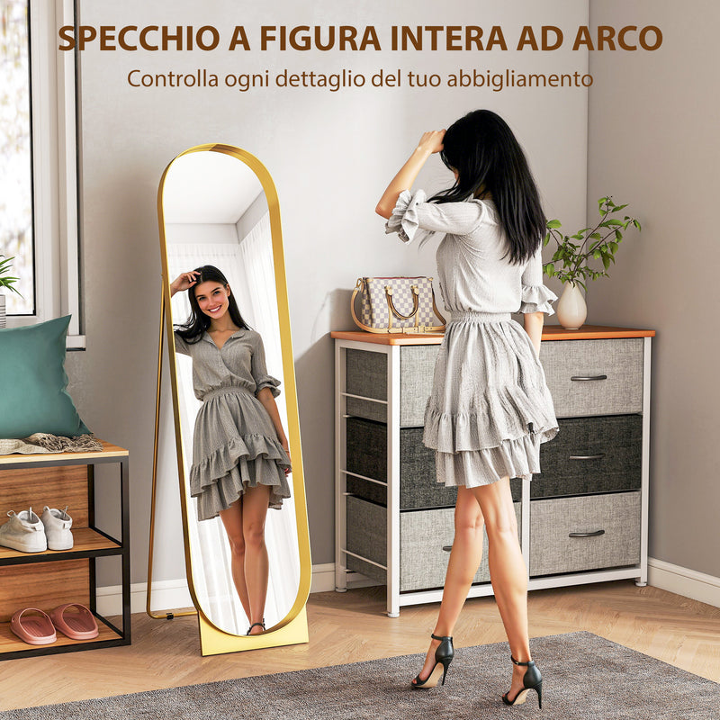 Specchio a Figura Intera Autoportante o da Parete 40x6x150 cm con Telaio in Metallo Oro   