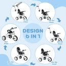 Triciclo per Bambini 105x47x89 cm con Maniglione e Barra di Sicurezza Bianco e Nero   
