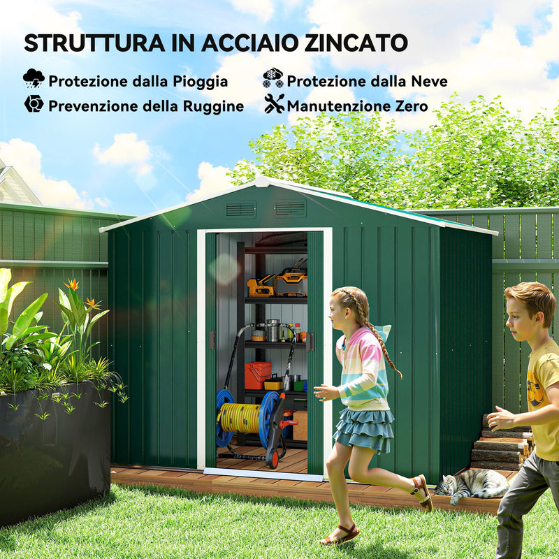 Casetta Box da Giardino Porta Attrezzi 236x174x190 cm con Porte Scorrevoli in Acciaio Verde 