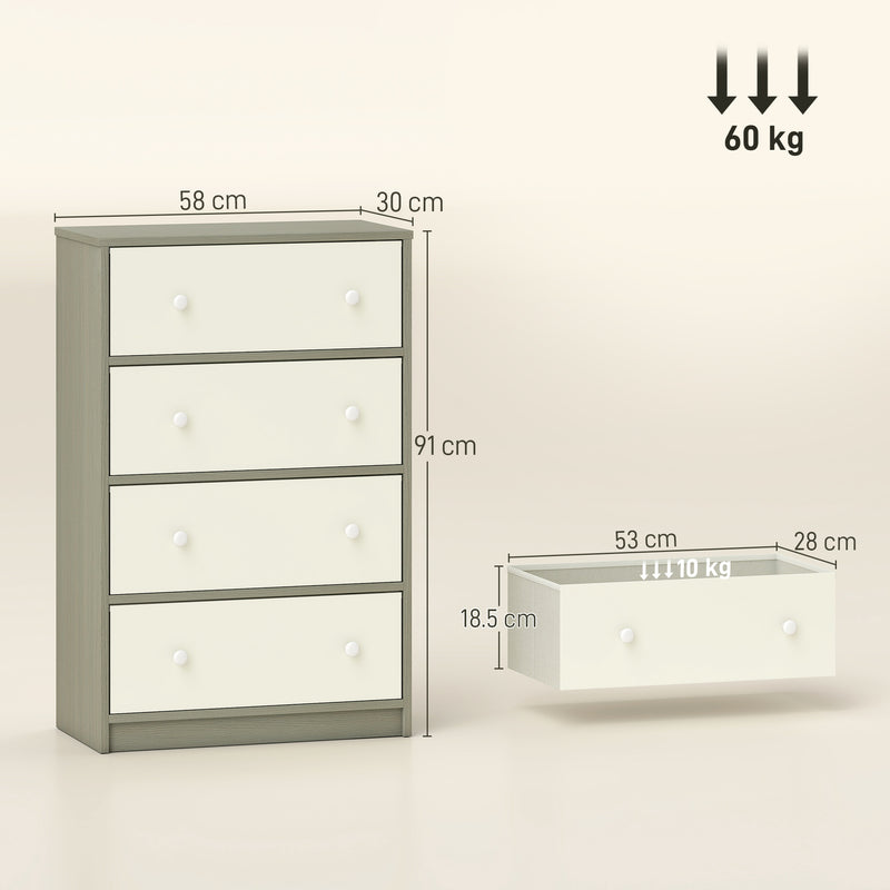 Cassettiera con 4 Cassetti in Tessuto 58x30x91 cm con Maniglie Doppie Struttura in MDF Bianco e Grigio  