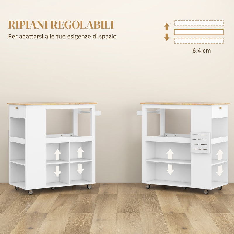 Carrello da Cucina Piano in Legno Isola Multiuso con Portaspezie e Portasciugamani 86,5x47x88 cm in Legno Bianco  