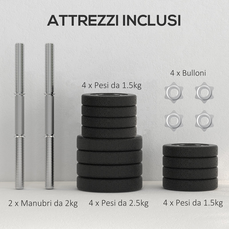 Set 2 Manubri da 25Kg Totali con 12 Dischi in Acciaio e PU Nero    