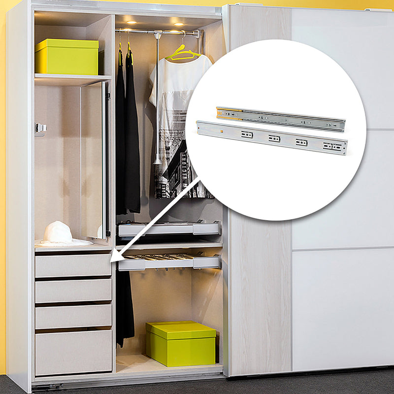 Guide a Sfere per Cassetti con Estrazione Totale e Chiusura Soft H45 mm L400 Bianco Acciaio Emuca