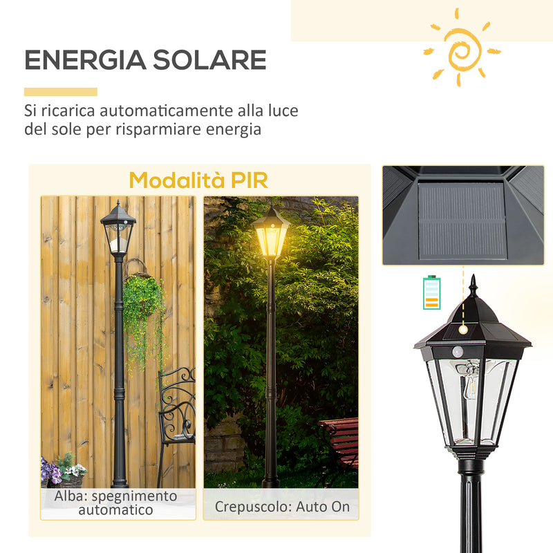 Lampione Solare da Giardino 22x22x196 cm con Luce LED e Sensore di Movimento in Alluminio e Vetro Nero  