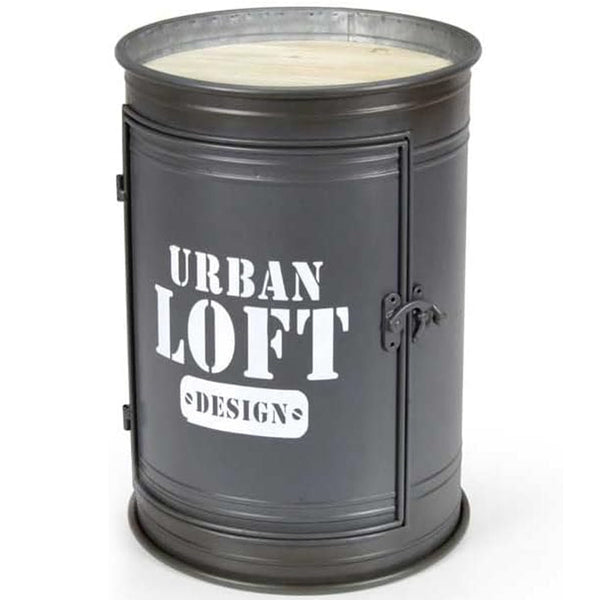 Tavolino Contenitore Bidone Tondo Struttura in Metallo Grigio e Ripiani in Legno online