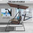 Dondolo da Giardino 3 Posti 222x131x175 cm con Tettuccio Regolabile con Vassoi e Cuscini Imbottiti in Metallo Marrone      