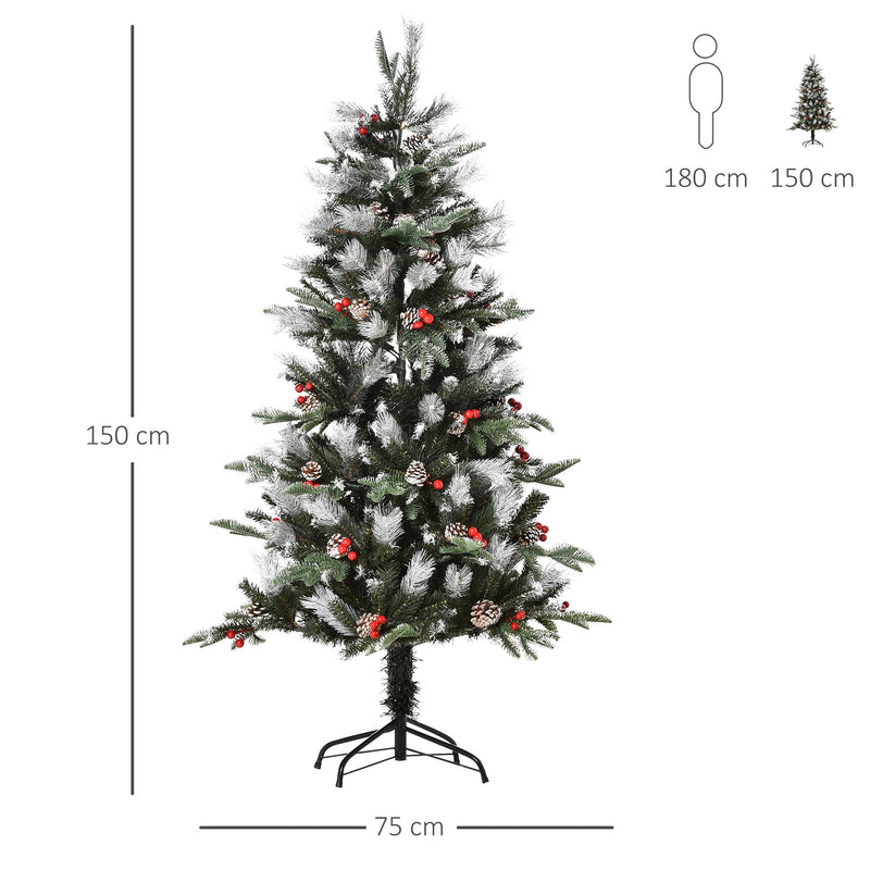 Albero di Natale Artificiale Innevato 150 cm 440 Rami con Bacche Rosse e Pigne Verde