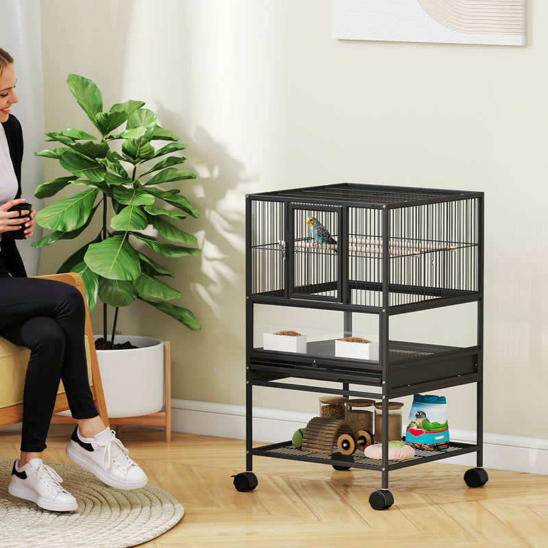 Gabbia per Uccelli 48x46x83 cm Vassoio e Griglia Rimovibili con Ripiano Portaoggetti in Acciaio e PP Nero  