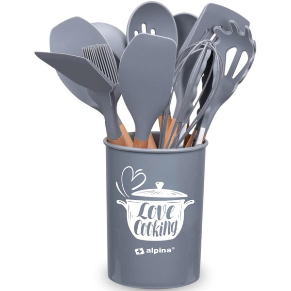 prezzo Set 12 Utensili da Cucina con Supporto in Silicone e Manico Legno Grigio