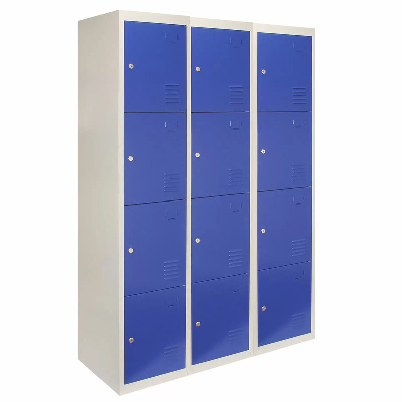 Set 3 Armadietti 12 Ante 45x38x180 cm per Scuole Palestre e Spogliatoi in Acciaio Blu